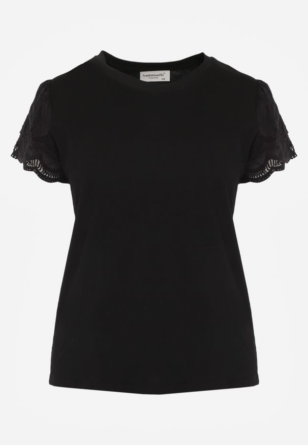 Renee - Czarny T-shirt z Bawełny z Rękawami z Koronki Hycis. Kolor: czarny. Materiał: bawełna, koronka. Wzór: koronka