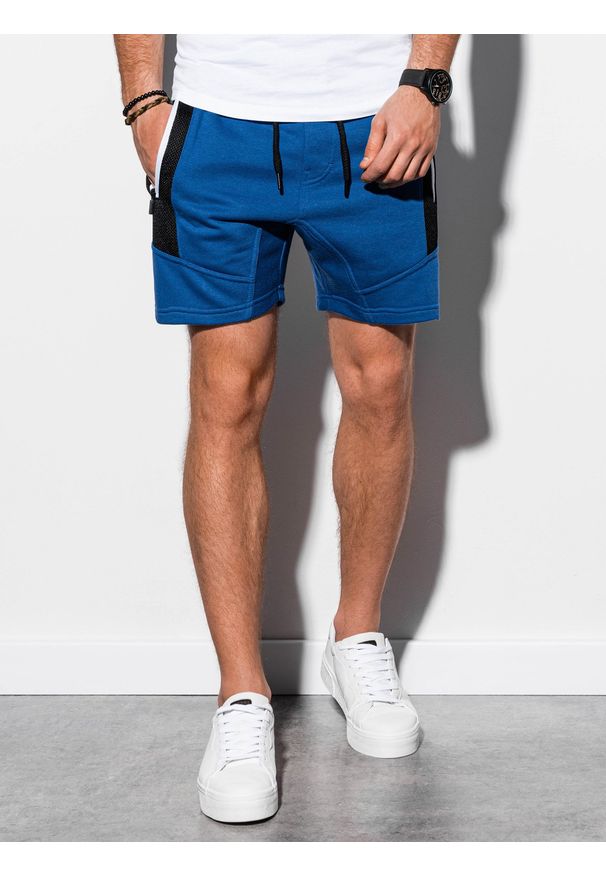 Ombre Clothing - Krótkie spodenki męskie dresowe W240 - niebieskie - XL. Kolor: niebieski. Materiał: dresówka. Długość: krótkie. Wzór: aplikacja