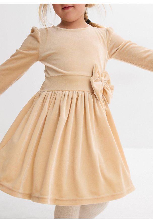 bonprix - Sukienka aksamitna. Typ kołnierza: kokarda. Kolor: beżowy