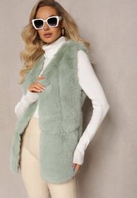 Renee - Jasnozielona Puchata Kamizelka z Futerka Ozdobiona Imitacją Skóry Tekllesa. Kolor: zielony. Materiał: skóra, futro. Wzór: aplikacja