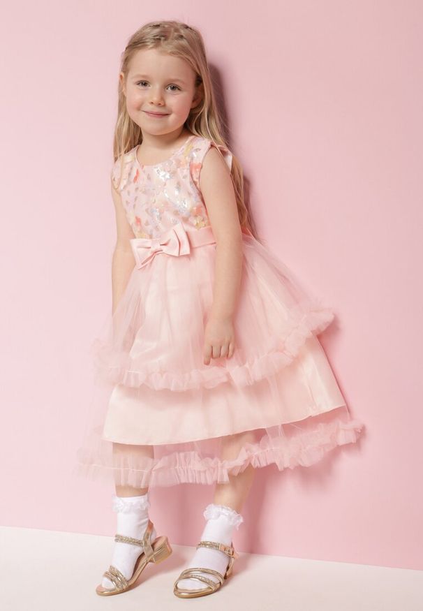 Born2be - Jasnoróżowa Rozkloszowana Sukienka Tiulowa z Ozdobną Kokardą i Cekinami Repita. Typ kołnierza: kokarda. Kolor: różowy. Materiał: tiul. Wzór: aplikacja