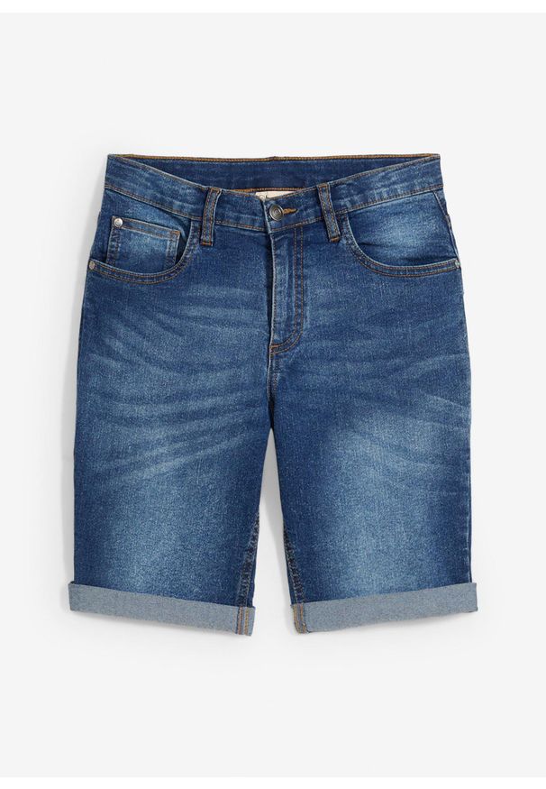 bonprix - Bermudy dżinsowe chłopięce ze stretchem, z regulowanym paskiem. Okazja: na co dzień. Kolor: niebieski. Styl: casual