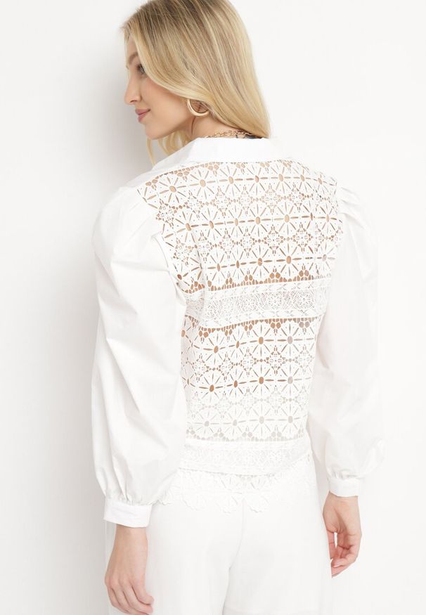 Born2be - Biała Bawełniana Koszula z Ażurowymi Wstawkami i Bufiastymi Rękawami Lavandia. Kolor: biały. Materiał: bawełna. Wzór: ażurowy. Styl: elegancki, klasyczny