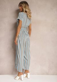 Renee - Niebieski Kombinezon z Wiskozy Wykończony Gumką w Talii i Guzikami przy Dekolcie Tinaviras. Okazja: na co dzień. Kolor: niebieski. Materiał: wiskoza. Styl: sportowy, casual