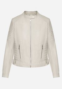 Born2be - Jasnobeżowa Kurtka Ramoneska w Motocyklowym Stylu ze Stójką i Napami Talirina. Okazja: na co dzień. Typ kołnierza: kołnierzyk stójkowy. Kolor: beżowy. Materiał: jeans. Styl: elegancki, casual #2