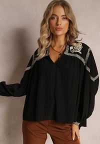 Renee - Czarna Bluzka z Bufiastym Rękawem i Kwiatowym Haftem Oluze. Okazja: na co dzień. Kolor: czarny. Materiał: jeans. Wzór: kwiaty, haft. Styl: elegancki, casual