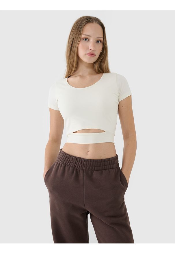 4f - 4F T-shirt crop top gładki damski - biały XL. Okazja: na co dzień. Kolor: biały. Materiał: dzianina, bawełna, jersey, materiał, elastan. Długość rękawa: krótki rękaw. Długość: krótkie. Wzór: gładki. Styl: sportowy, casual