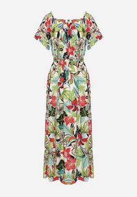 Born2be - Zielono-Różowa Sukienka z Wiskozy w Kwiaty Rozkloszowana Wiązana w Talii Quilbia. Okazja: na spacer, na plażę. Typ kołnierza: dekolt hiszpanka. Kolor: biały. Materiał: wiskoza. Długość rękawa: krótki rękaw. Wzór: kwiaty. Sezon: lato #2