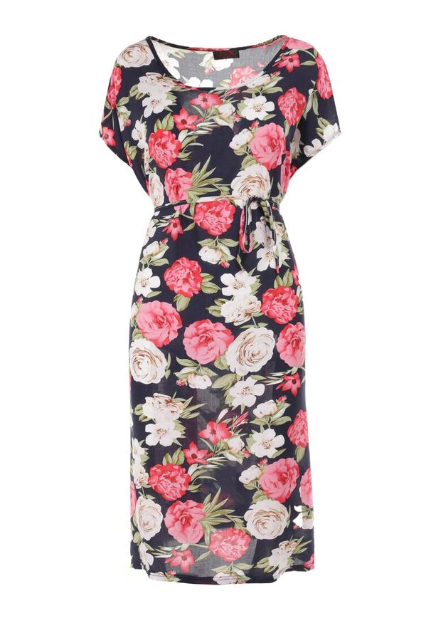 Born2be - Granatowa Sukienka Endiore. Okazja: na wesele, na randkę, na ślub cywilny. Kolekcja: plus size. Kolor: różowy. Wzór: kwiaty, nadruk, aplikacja. Typ sukienki: dla puszystych. Materiał: tkanina. Długość rękawa: krótki rękaw. Sezon: lato. Długość: midi