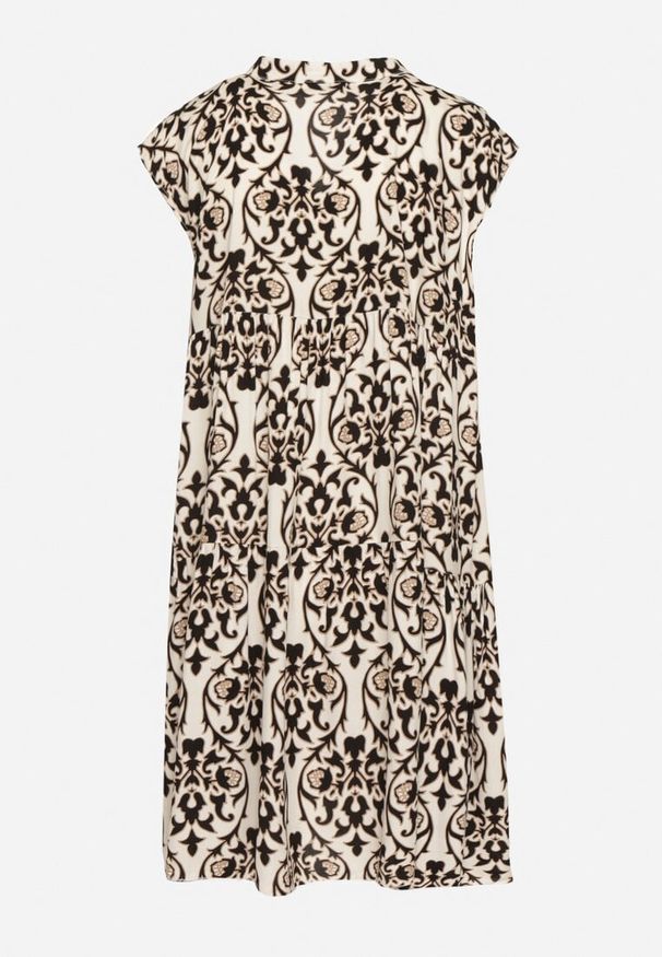 Born2be - Czarna Bawełniane Sukienka o Rozkloszowanym Kroju Ozdobiona Falbanką Linola. Okazja: na co dzień. Kolor: czarny. Materiał: bawełna. Wzór: aplikacja. Sezon: lato. Styl: casual, elegancki