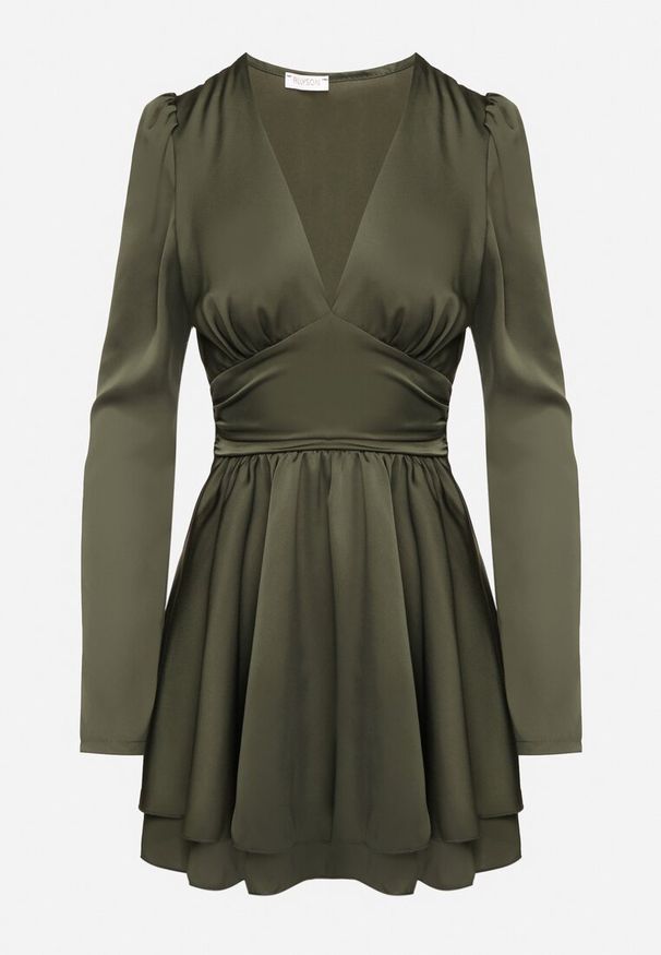 Born2be - Zielona Satynowa Sukienka Mini z Głębokim Dekoltem i Wiązaniem z Tyłu Liadan. Okazja: na imprezę. Kolor: zielony. Materiał: satyna. Styl: elegancki. Długość: mini