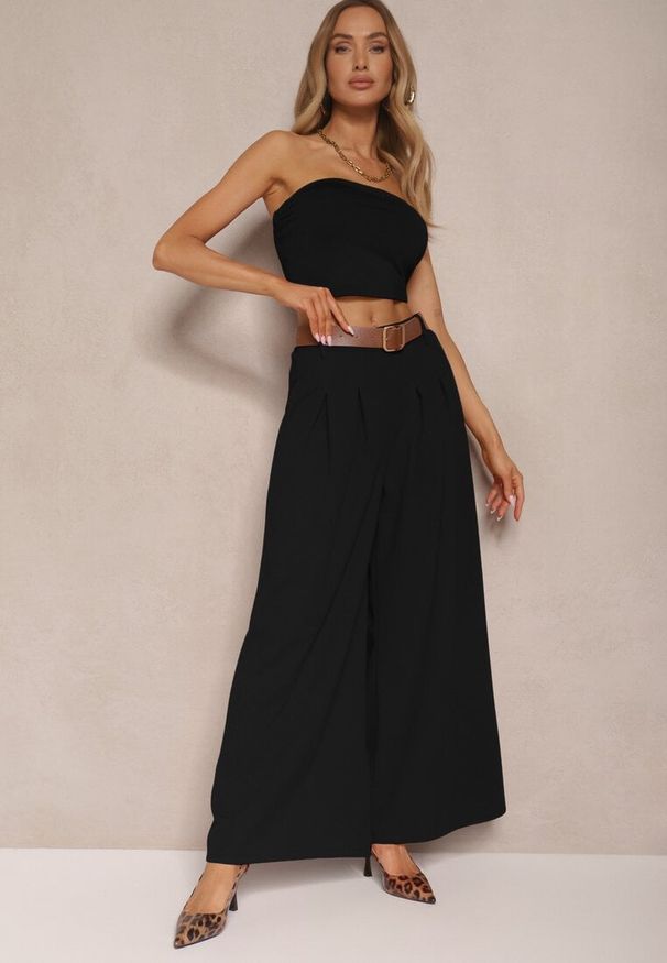 Renee - Czarne Spodnie o Szerokim Kroju High Waist Ozdobione Paskiem Rasalle. Okazja: na co dzień. Stan: podwyższony. Kolor: czarny. Wzór: aplikacja. Styl: casual, elegancki