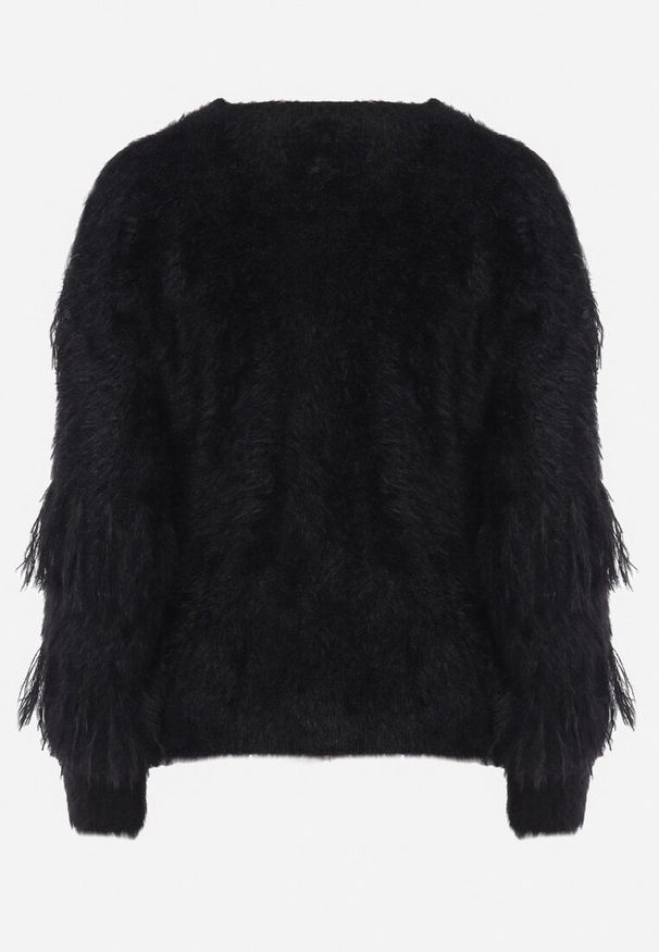 Born2be - Czarny Puchaty Kardigan Wykończony Perełkami i Piórami Mavanora. Kolor: czarny. Materiał: jeans, wełna. Wzór: aplikacja. Styl: klasyczny