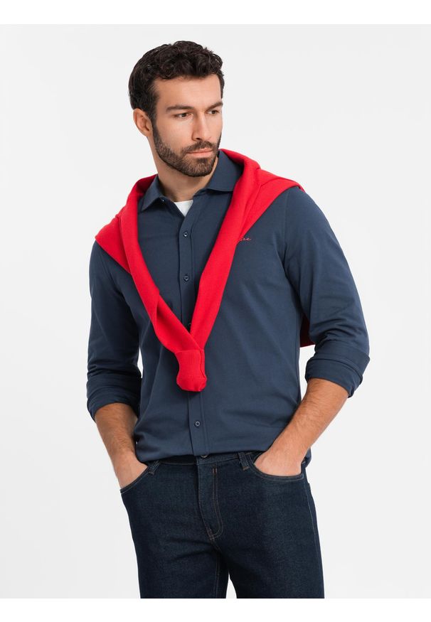 Ombre Clothing - Koszula męska bawełniana REGULAR z dzianiny single jersey - granatowa V2 - Rozmiar: S. Kolor: niebieski. Materiał: jersey, dzianina, bawełna. Wzór: kolorowy, haft