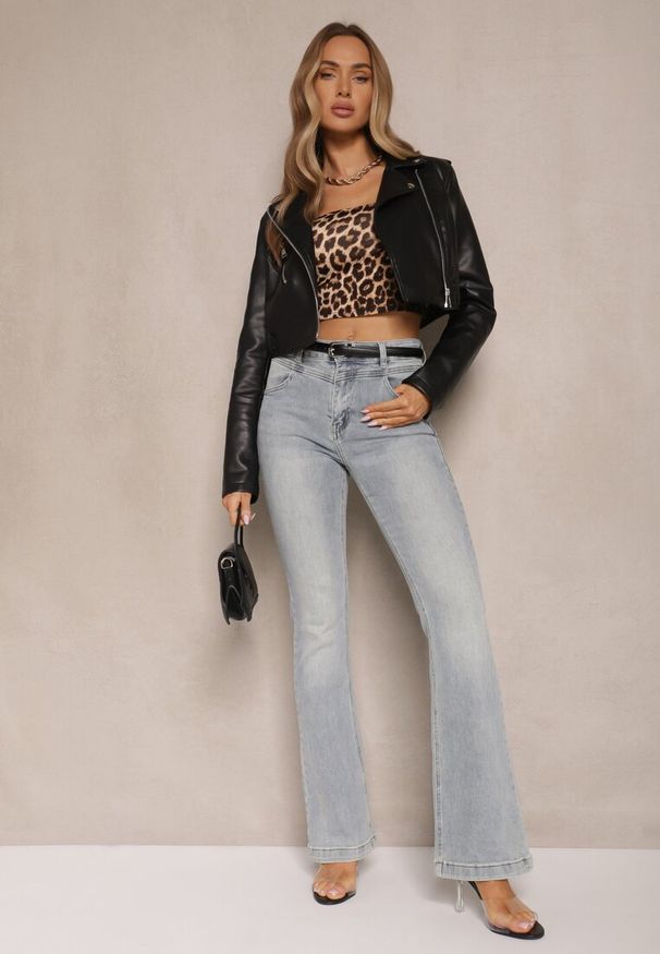 Renee - Niebieskie Bawełniane Jeansy Dzwony High Waist Davian. Okazja: na co dzień. Stan: podwyższony. Kolor: niebieski. Styl: casual