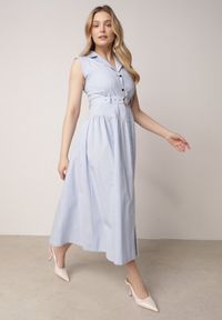 Born2be - Niebieska Koszulowa Sukienka Bez Rękawów z Wiskozy i Bawełny z Paskiem Suranon. Okazja: na co dzień. Kolor: niebieski. Materiał: wiskoza, bawełna. Długość rękawa: bez rękawów. Sezon: wiosna, lato. Typ sukienki: koszulowe. Styl: casual, elegancki, klasyczny #4