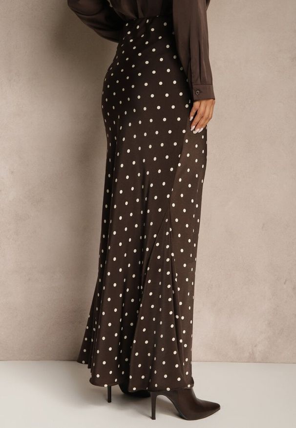 Renee - Brązowa Spódnica High Waist w Kropki o Trapezowym Kroju Ravea. Okazja: na spacer, na co dzień, na spotkanie biznesowe, do pracy. Stan: podwyższony. Kolor: brązowy. Wzór: kropki. Styl: casual, biznesowy, elegancki