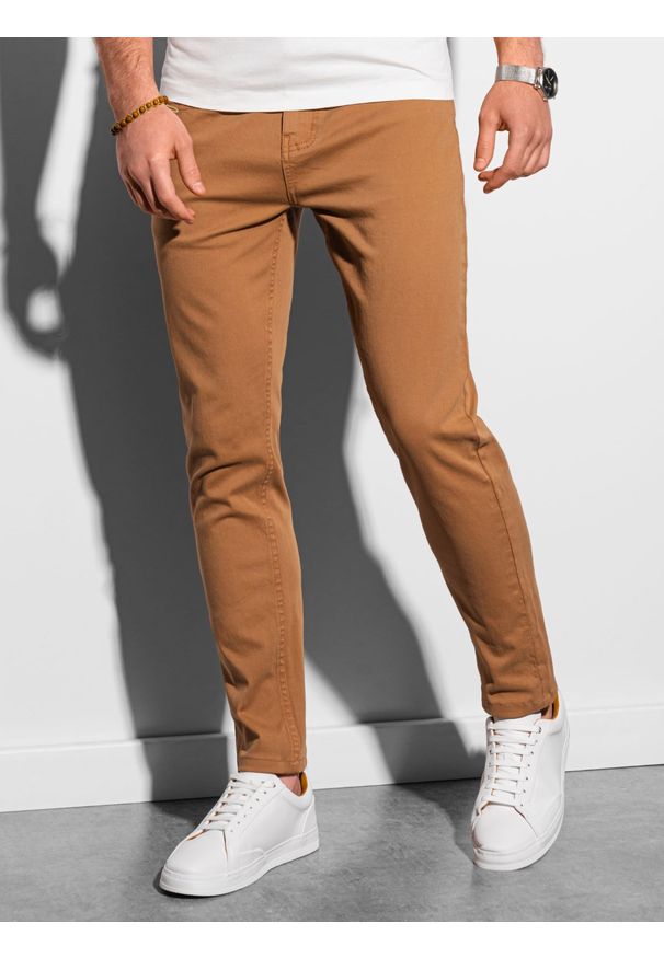 Ombre Clothing - Spodnie męskie chino P990 - camel - XXL. Materiał: bawełna, elastan