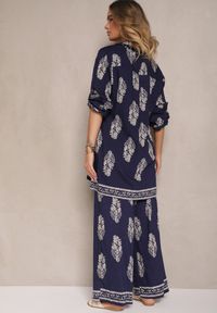 Renee - Granatowy Komplet Oversize w Stylu Rustykalnym Długa Koszula i Szerokie Spodnie Mepilara. Kolor: niebieski #3