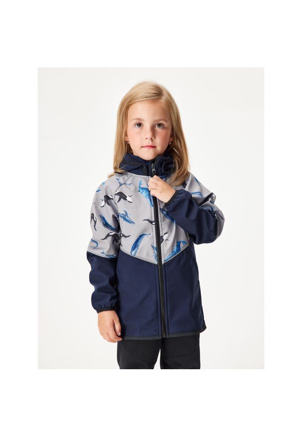 UNUO - Dziecięca kurtka softshell z polarem Slim, Tm. Niebiesko-czarny, Szary, Wieloryb. Kolor: niebieski. Materiał: poliester, softshell, materiał. Sezon: jesień, wiosna. Styl: sportowy