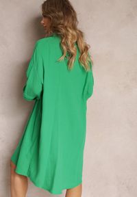 Renee - Zielona Sukienka Mini z Bawełny z Ozdobnymi Rękawami i Wiązaniem przy Dekolcie Shamika. Kolor: zielony. Materiał: bawełna. Typ sukienki: trapezowe. Długość: mini #5