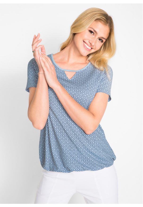 bonprix - Shirt z gumką, krótki rękaw. Kolor: niebieski. Długość rękawa: krótki rękaw. Długość: krótkie