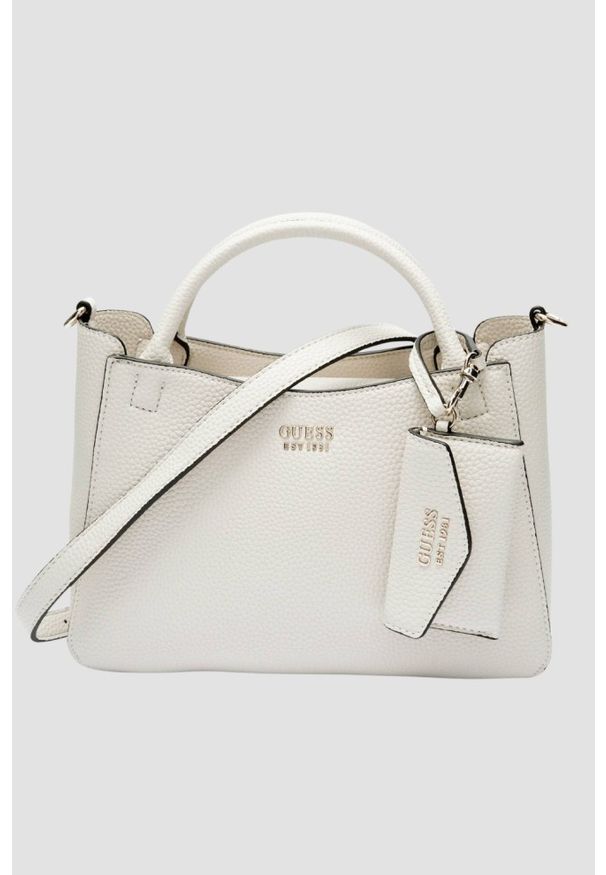 Guess - GUESS Biała torebka damska klasyczna SML Girlfriend Satchel. Kolor: biały. Materiał: skórzane. Styl: klasyczny