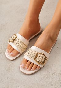 Renee - Beżowe Klapki w Stylu Boho z Plecionką z Rafii i Metalową Klamerką Mezelin. Okazja: na co dzień. Kolor: beżowy. Materiał: jeans, len. Sezon: lato. Styl: boho #5
