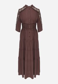 Renee - Brązowa Boho Sukienka z Wiskozą o Rozkloszowanym Kroju z Ażurowymi Wstawkami Idacea. Kolor: brązowy. Materiał: wiskoza. Wzór: ażurowy. Typ sukienki: rozkloszowane. Styl: boho. Długość: maxi #2