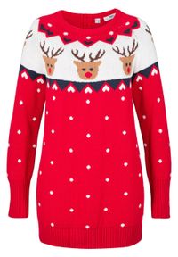 Sweter bożonarodzeniowy z motywem reniferów bonprix truskawkowy wzorzysty. Kolor: czerwony. Materiał: materiał, bawełna, akryl #1