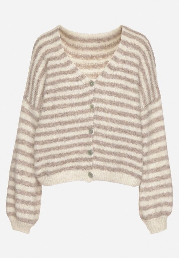 Born2be - Beżowy Kardigan z Wełną w Paski o Nietoperzowym Fasonie Fesmera. Okazja: na co dzień. Typ kołnierza: dekolt w serek. Kolor: beżowy. Materiał: wełna. Wzór: paski. Styl: casual