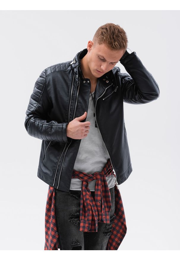 Ombre Clothing - Ramoneska męska C413 - czarna - XXL. Okazja: na co dzień. Typ kołnierza: kołnierzyk stójkowy. Kolor: czarny. Materiał: materiał, poliester. Styl: casual