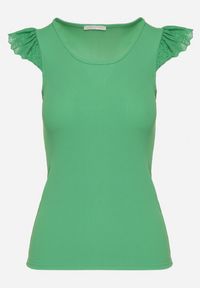 Born2be - Zielony Top z Ażurowymi Falbankami Bez Rękawów Sonnelle. Okazja: na co dzień. Typ kołnierza: kołnierz z falbankami. Kolor: zielony. Materiał: jeans. Długość rękawa: bez rękawów. Wzór: ażurowy. Styl: klasyczny, elegancki, casual