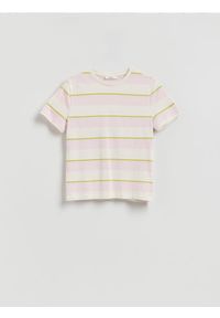 Reserved - Bawełniany t-shirt w paski - różowy. Kolor: różowy. Materiał: bawełna. Wzór: paski