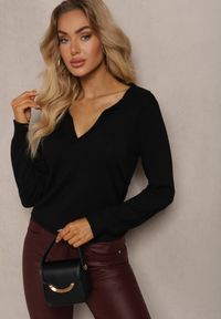 Renee - Czarny Sweter z Wiskozą i Ozdobnym Kołnierzykiem Ceaola. Okazja: na co dzień, na spotkanie biznesowe, do pracy. Kolor: czarny. Materiał: wiskoza. Styl: biznesowy, casual