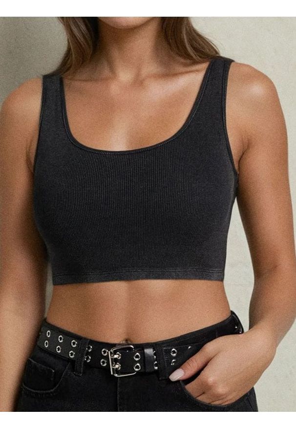 Sinsay - Bawełniany crop top w prążek - szary. Kolor: szary. Materiał: bawełna. Wzór: prążki