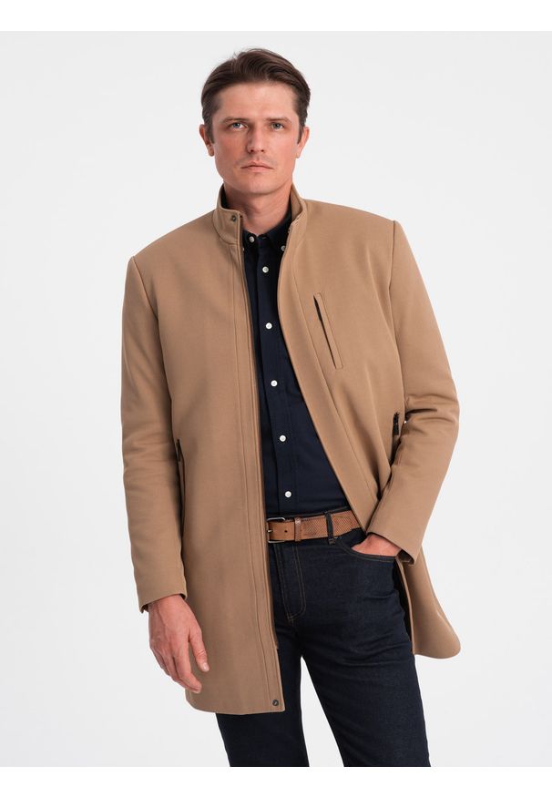 Ombre Clothing - Męski płaszcz ze stójką i pikowaną podszewką - camel V4 - Rozmiar: XL. Okazja: na co dzień. Typ kołnierza: kołnierzyk stójkowy. Materiał: tkanina, poliester. Sezon: zima. Styl: casual