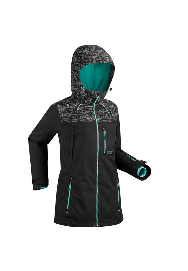 DREAMSCAPE - Kurtka snowboardowa i narciarska damska Dreamscape SNB JKT 500. Kolor: zielony, czarny, wielokolorowy, turkusowy. Materiał: poliester, materiał. Długość: długie. Sport: narciarstwo, snowboard