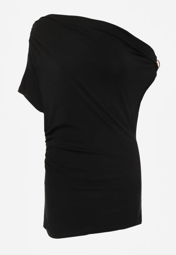 Renee - Czarna Wiskozowa Bluzka na Jedno Ramię Ozdobiona Marszczeniem i Aplikacją z Boku Lilinvielle. Okazja: na imprezę, na co dzień. Kolor: czarny. Materiał: wiskoza. Wzór: aplikacja. Styl: casual