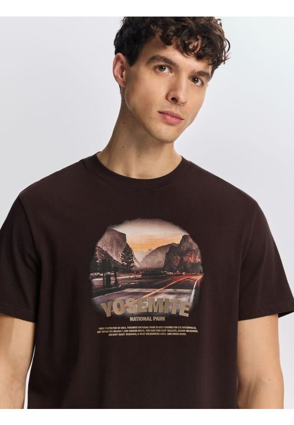 Reserved - T-shirt regular z nadrukiem - ciemnobrązowy. Kolor: brązowy. Materiał: dzianina, bawełna. Wzór: nadruk