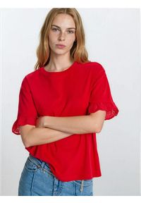 Sinsay - Bawełniana bluzka z ażurowymi detalami - czerwony. Kolor: czerwony. Materiał: bawełna. Wzór: ażurowy