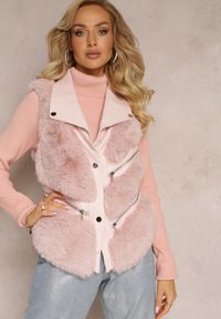 Renee - Różowa Kamizelka z Futerka Ozdobiona Wstawkami z Imitacji Skóry Cresstte. Kolor: różowy. Materiał: skóra, futro. Wzór: aplikacja