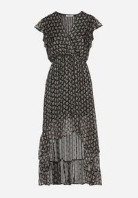 Born2be - Czarna Rozkloszowana Sukienka z Kopertowym Dekoltem z Gumką w Pasie i Falbanką Tiamala. Okazja: na spotkanie biznesowe. Kolor: czarny. Typ sukienki: kopertowe. Styl: biznesowy #2