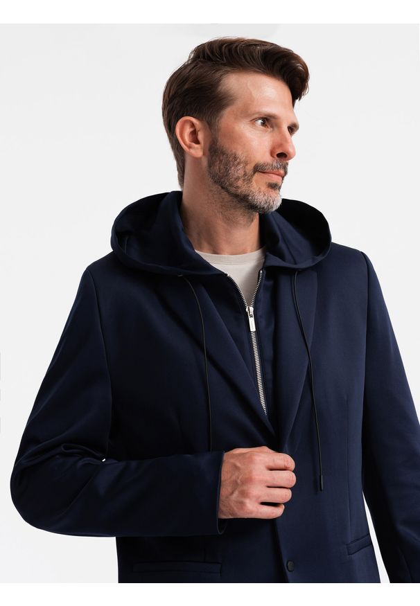 Ombre Clothing - Marynarka męska z odpinaną podpinką i kapturem – granatowa V2 - Rozmiar: XL. Okazja: do pracy, na co dzień. Typ kołnierza: kaptur. Kolor: niebieski. Materiał: poliester. Styl: wizytowy, casual, elegancki