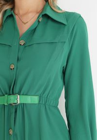 Born2be - Zielona Sukienka Midi z Gumką w Pasie i Dodatkowym Paskiem ze Sprzączką Zawadi. Kolor: zielony. Materiał: skóra. Długość rękawa: długi rękaw. Typ sukienki: koszulowe. Długość: midi #2