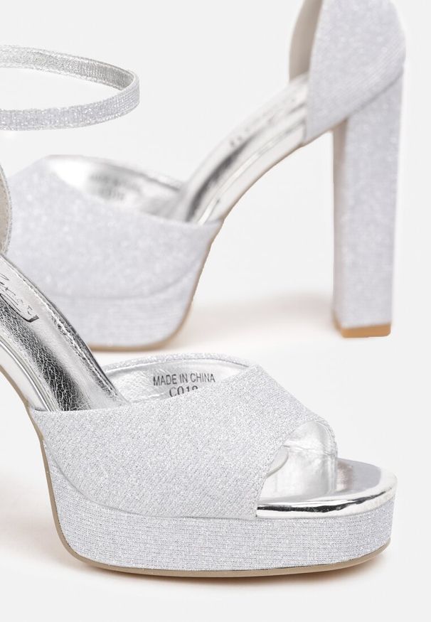 Renee - Srebrne Sandały Brokatowe na Słupku i Platformie Mudis. Kolor: srebrny. Obcas: na platformie. Styl: glamour, elegancki