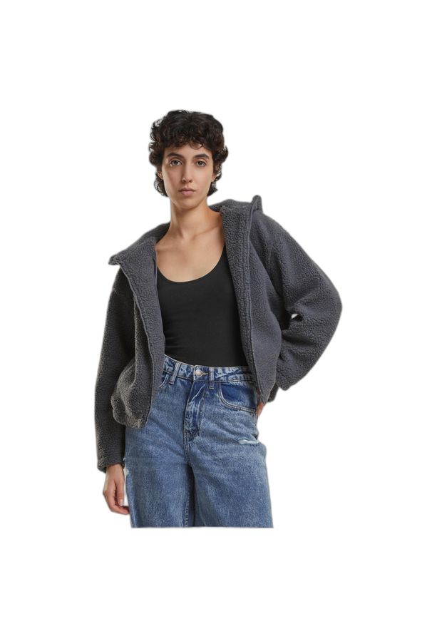 Krótkie polarowe bluzy z kapturem dla kobiet Urban Classics Sherpa. Typ kołnierza: kaptur. Kolor: szary. Materiał: polar. Długość: krótkie