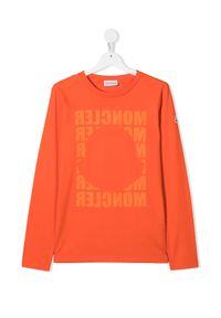 MONCLER KIDS - Pomarańczowa koszulka z logo 4-10 lat. Okazja: na co dzień. Kolor: pomarańczowy. Materiał: bawełna. Długość: długie. Wzór: aplikacja. Sezon: lato. Styl: casual