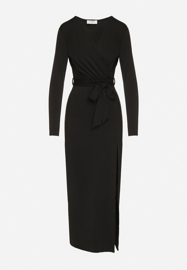 Born2be - Czarna Sukienka Kopertowa z Wiskozą Zdobiona Rozcięciem i Wiązanym Paskiem Teslea. Okazja: na co dzień. Kolor: czarny. Materiał: wiskoza. Wzór: aplikacja. Typ sukienki: kopertowe. Styl: elegancki, klasyczny, casual