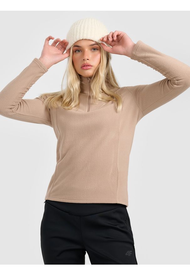 4f - 4F Bielizna termiczna polarowa (góra) damska - brązowa S. Typ kołnierza: kołnierzyk stójkowy. Kolor: brązowy. Materiał: polar. Sezon: zima. Sport: turystyka piesza